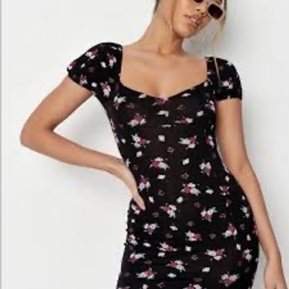 NET Missguided Floral Milkmaid Split Midaxi Dress Black Pink Size 10 DE933193